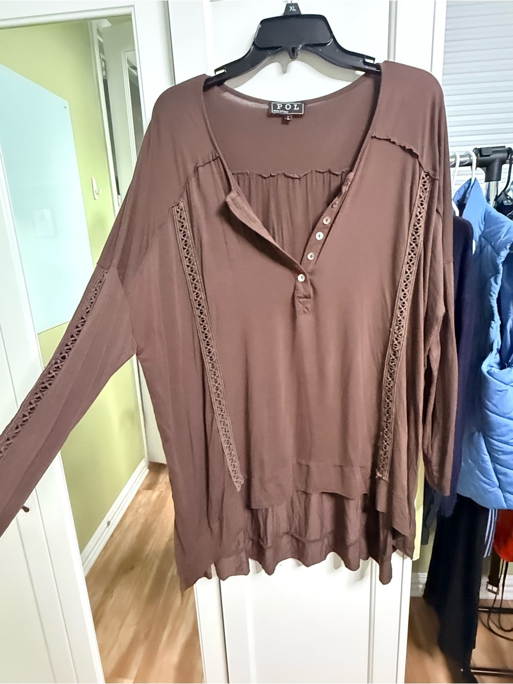 POL Brown Crochet-Trim Henley Long Sleeve Top